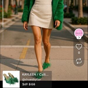 KAYLEEN / Cailin-20/ Green Satin / Feathered / Mule Heels/ With Pointed Toe